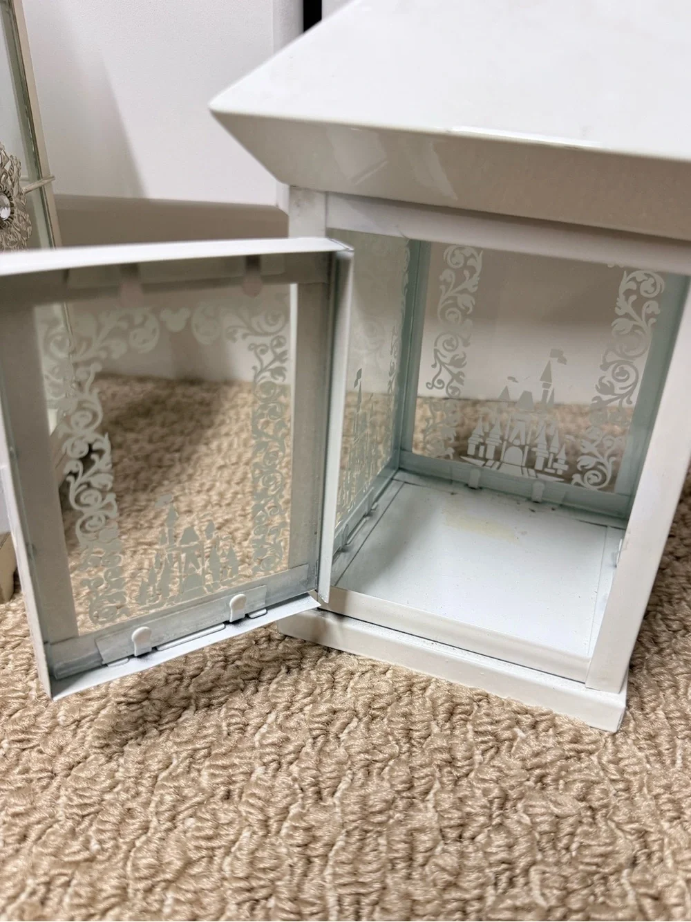 Disney White Metal Lantern with Etched Glass Panels